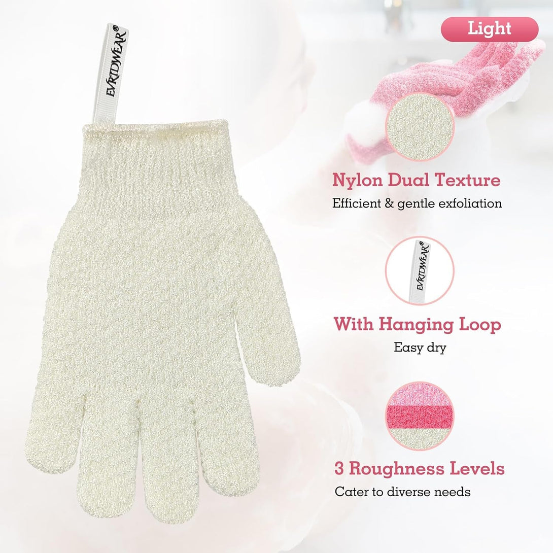 Evridwear Exfoliating Gloves for Shower, 100% Nylon Thick Soft Medium Heavy Bathing Gloves Dead Skin Remover Body Scrubber Smooth Skin with Hang Loop, 3 Pairs Light White
