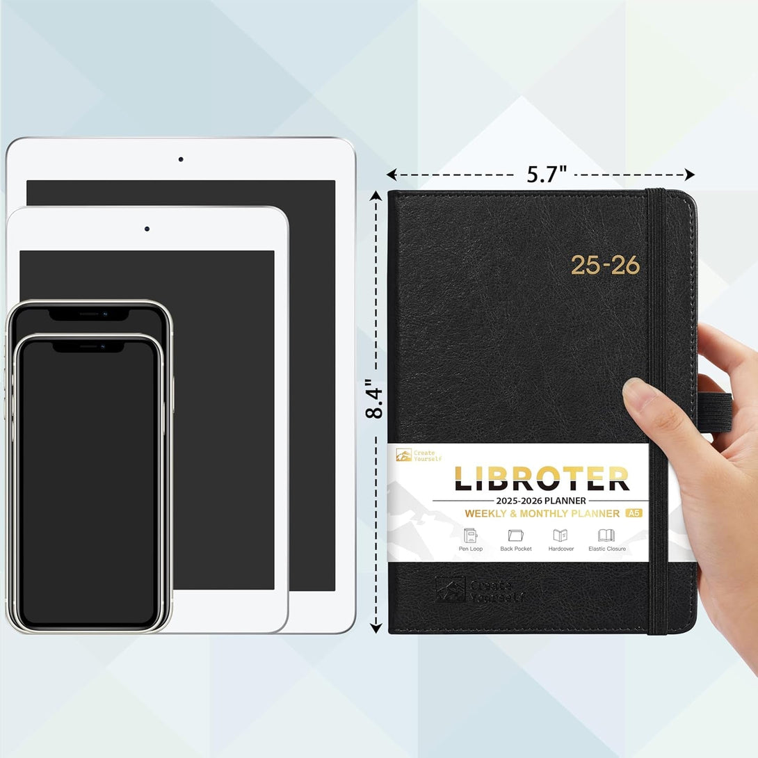 2025-2026 Planner - Academic Planner 2025-2026, 2025-2026 Weekly Monthly Planner, July 2025 - June 2026, 5.7'' X 8.4'', Thick Paper, Leather Cover, Pen Holder, Back Pocket, Perfect Daily Organizer - Black