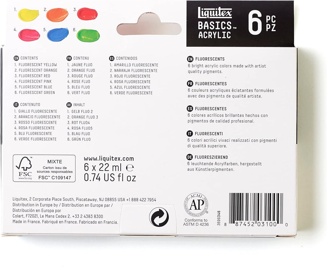 Liquitex BASICS Acrylic Paint Set, 6 X 22Ml (0.74-Oz) Tube Paint Set, Fluorescent