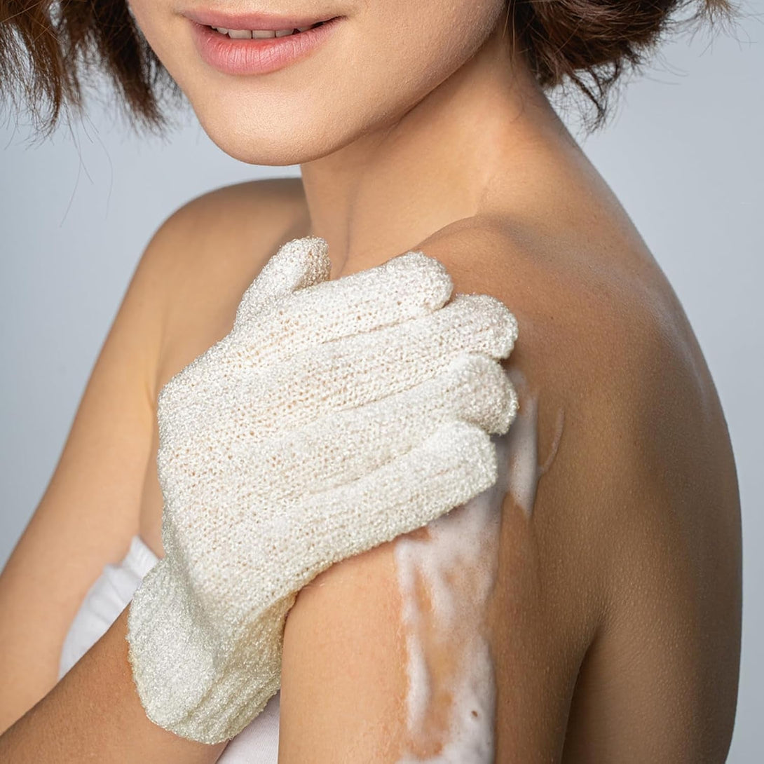 Evridwear Exfoliating Gloves for Shower, 100% Nylon Thick Soft Medium Heavy Bathing Gloves Dead Skin Remover Body Scrubber Smooth Skin with Hang Loop, 3 Pairs Light White