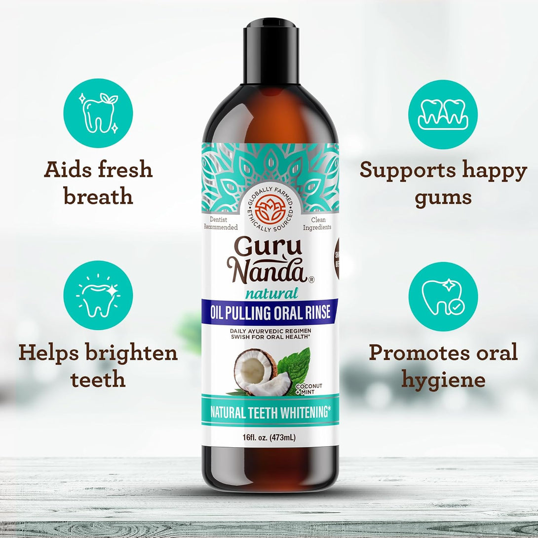 Gurunanda Coconut Oil Pulling, Fresh Breath & Whitening Mouthwash, 7 Essential Oils & Vitamins for Happy Teeth & Gums, Alcohol-Free, 16 Oz