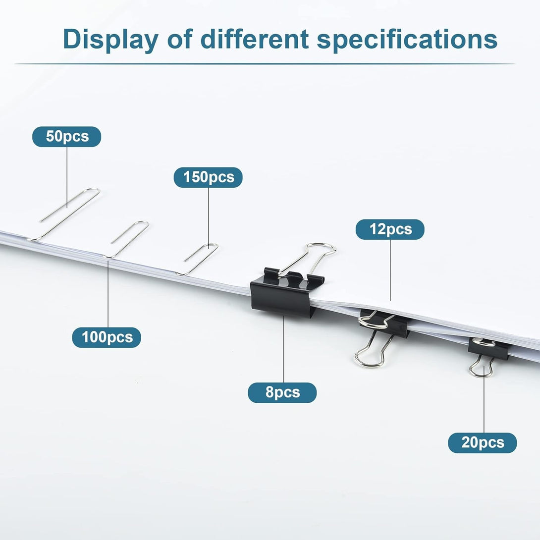Assorted Size Binder Clips & Jumbo Paper Clips Set - 340Pcs Black, Large for Office & School Supplies, in Container with Compartments