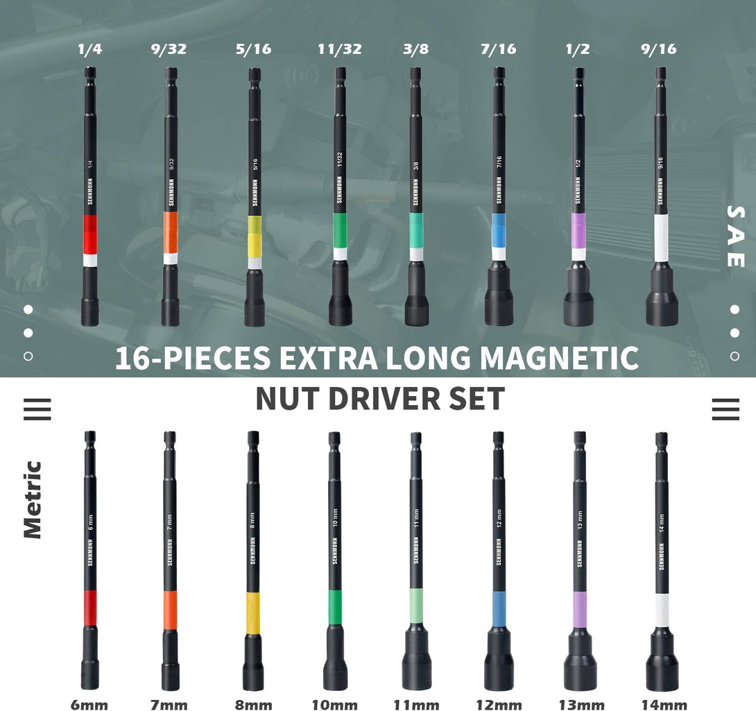 Magnetic Nut Driver Set, 16 PCS Long Nut Driver Set, 6 Inches, SAE & Metric,Colorful Rainbow,1/4 Inch Hex Shank, Cr-V Steel