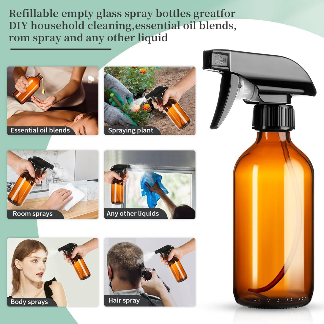 8Oz Amber Glass Spray Bottles,3 Pack Glass Spray Bottles Refillable Empty Bottle with Adjustable Nozzle,Spray Bottle for Essential Oils,Cleaning Solutions,Pets,Hair Mister,Gardening