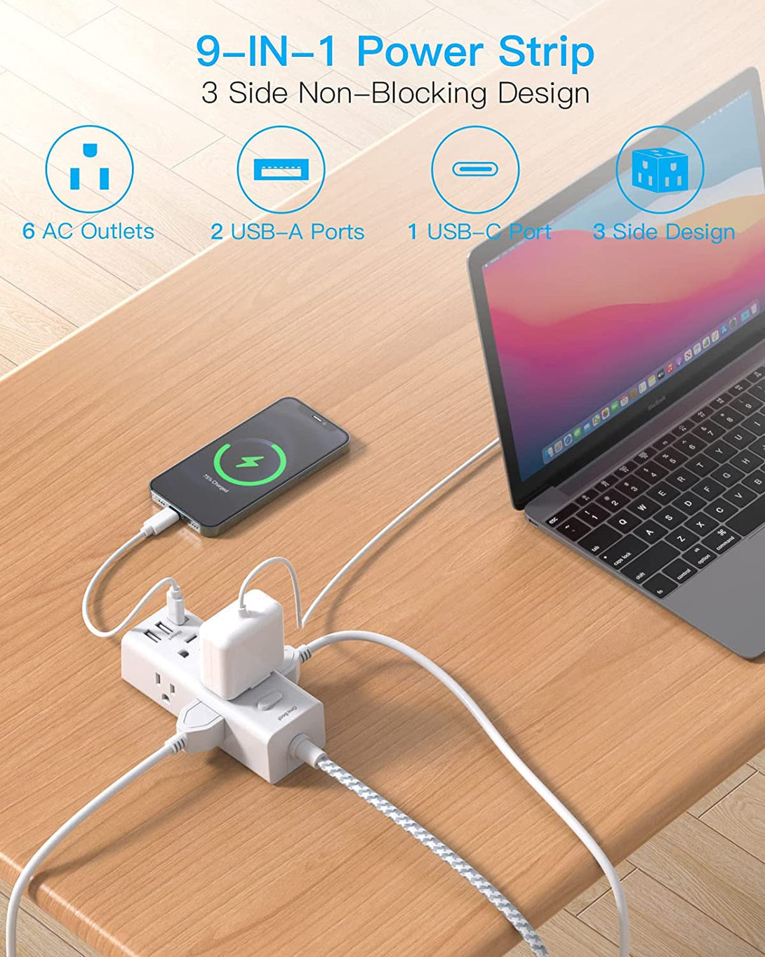 Power Strip Surge Protector - One Beat 6 Widely Outlets with 3 USB Ports (1 USB C), 5 Ft Extension Cord Flat Plug, Wall Mount Outlet Extender Small Power Strip for Travel Home Office College Dorm Room