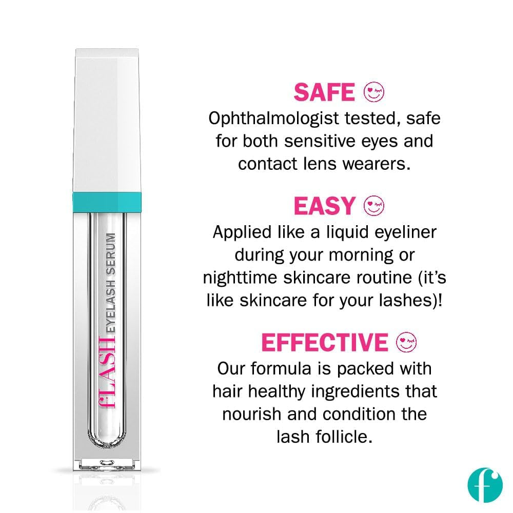 Flash Eyelash Serum for Long, Curled Natural Lashes - Enhances & Strengthens, Safe & Effective Formula for Contact Wearers & Sensitive Eyes, 3 Month Supply - 2Ml (0.07 Fl Oz)