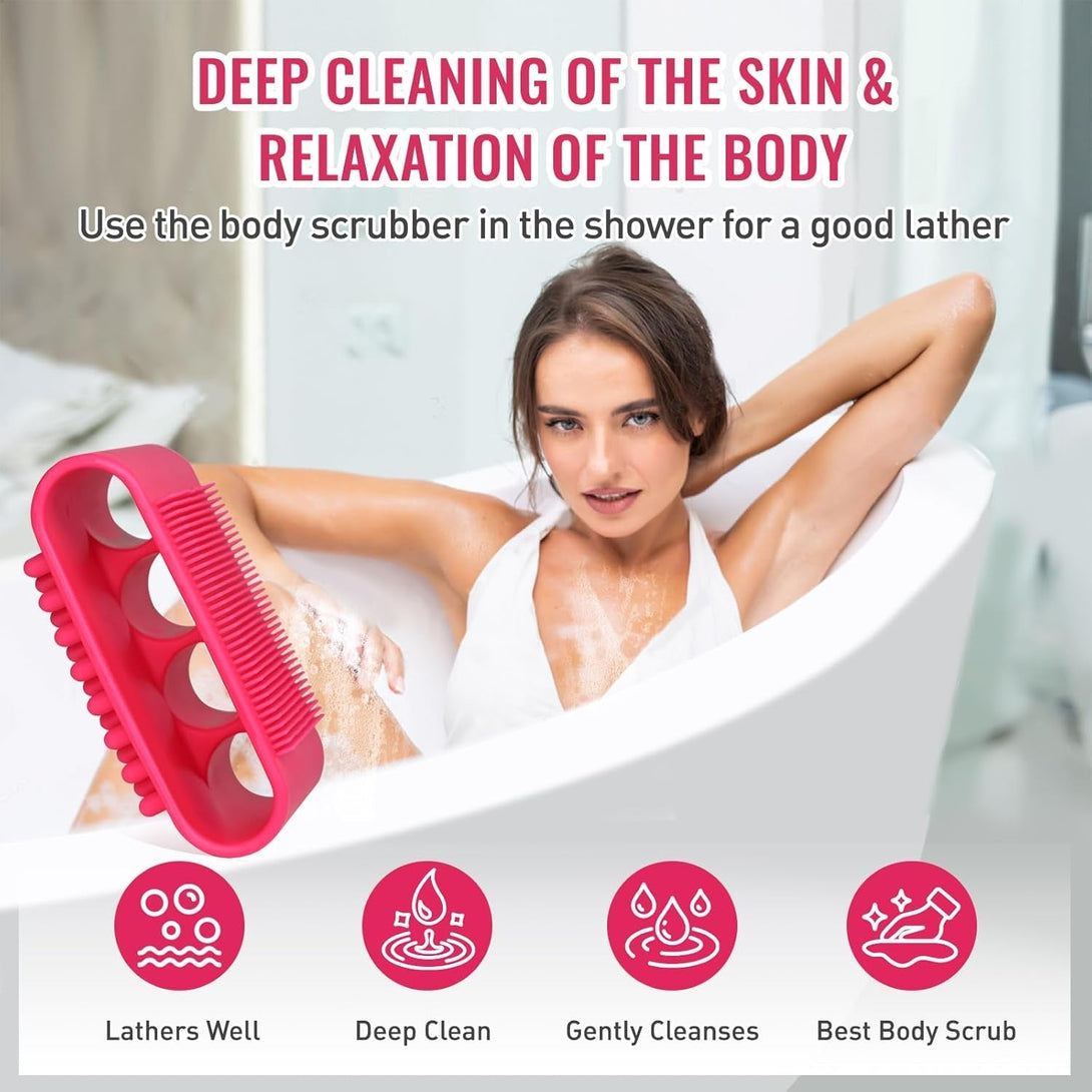 Silicone Body Scrubber Set, Bath Shower Body Brush and Shampoo Brush Scalp Massager Exfoliator with Intensive Bristles and Comfort Handle, Cleanse Skin & Hair,Easy to Clean and Long-Lasting.Red