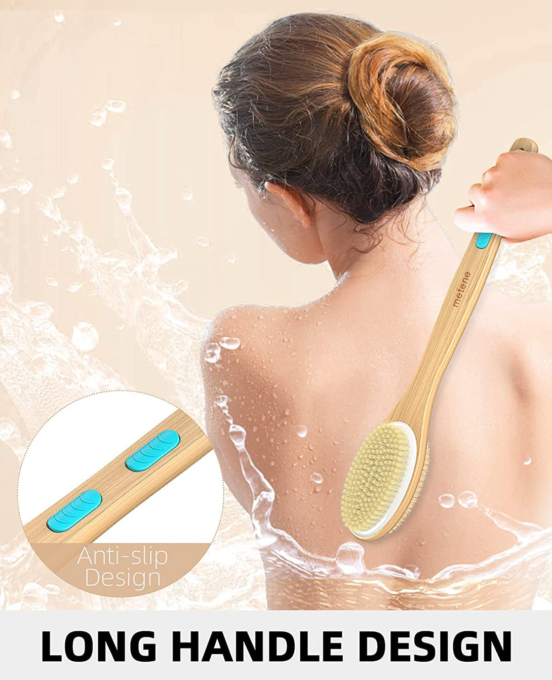 Metene 2 Pack Shower Brush with Soft and Stiff Bristles, Bath Dual-Sided Long Handle Back Scrubber Body Exfoliator for Wet or Dry Brushing