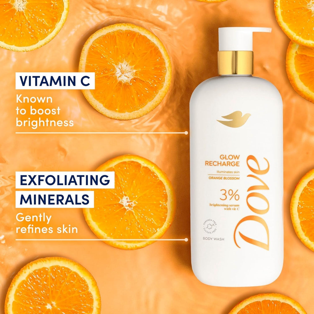 Dove Exfoliating Body Wash Glow Recharge Energizes & Illuminates Skin 3% Brightening Serum with Vitamin C 18.5 Oz