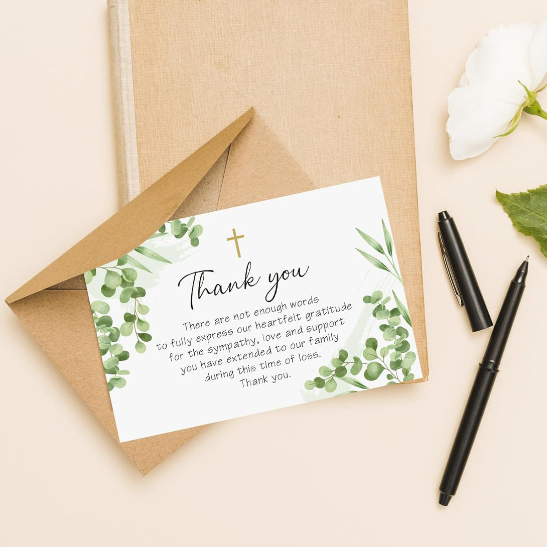 50Pcs Funeral Sympathy Thank You Cards with Envelopes and Matching Seal Stickers, Green Leaf Cross Bereavement Card with Message for Memorial Service Loved Ones Celebration of Life