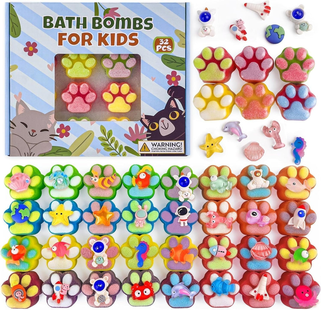 Bath Bombs for Kids with Surprise Inside, 32 Pack Paw Bath Bombs with Toy, Ocean Animals and Space Planet Toys SPA Fizzy Handmade Natural Bath Bomb Gift Set at Christmas, Birthday
