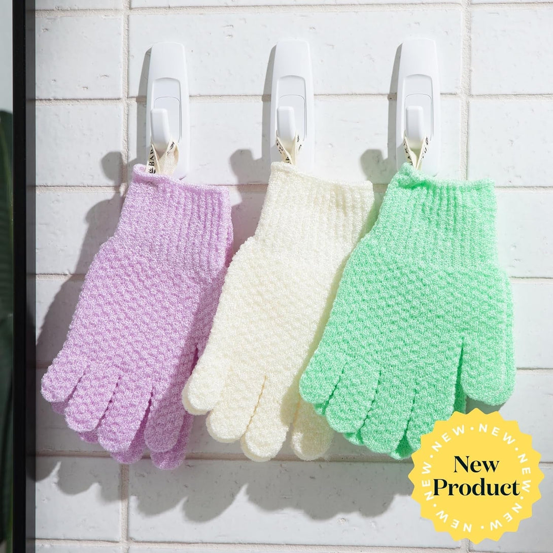 Bare Botanics 4 Pack Exfoliating Gloves for Shower (Lavender) - 100% Nylon Fibers - Exfoliating Bath Gloves - Shower Scrubber & Dead Skin Remover - Perfect for Wet & Dry Exfoliation