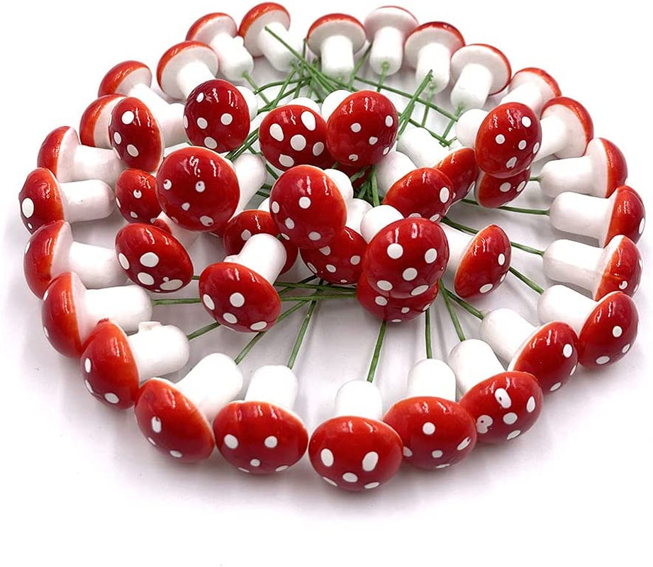 Aliotech 50 Pieces Mini Mushroom Miniatures Artificial Garden Fairy Bonsai Plant Pot Resin Craft Decoration for Home DIY Micro Landscape Decor (Red)