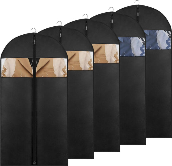 5 Pack - Moucas 43" Black Garment Bag, Mens Suit Bags for Closet Storage and Travel, Garment Bags for Hanging Clothes, Suit Cover Bags with Zipper for Coats, Jackets, Shirts