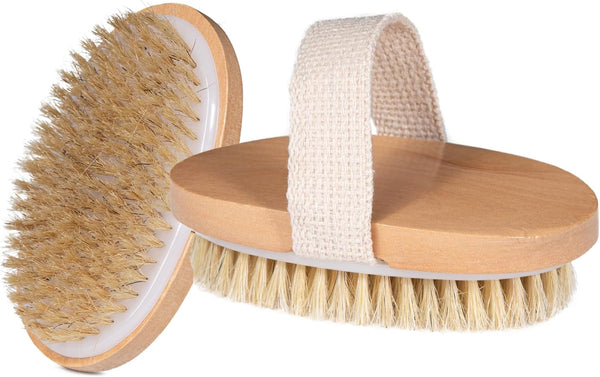 Dry Body Brush 2 Pack – Natural Boar Bristle Exfoliating Brush for Lymphatic Drainage, Cellulite, Dry Skin – Wooden Spa Scrub Brush with Strap for Bath, Shower & Self-Care