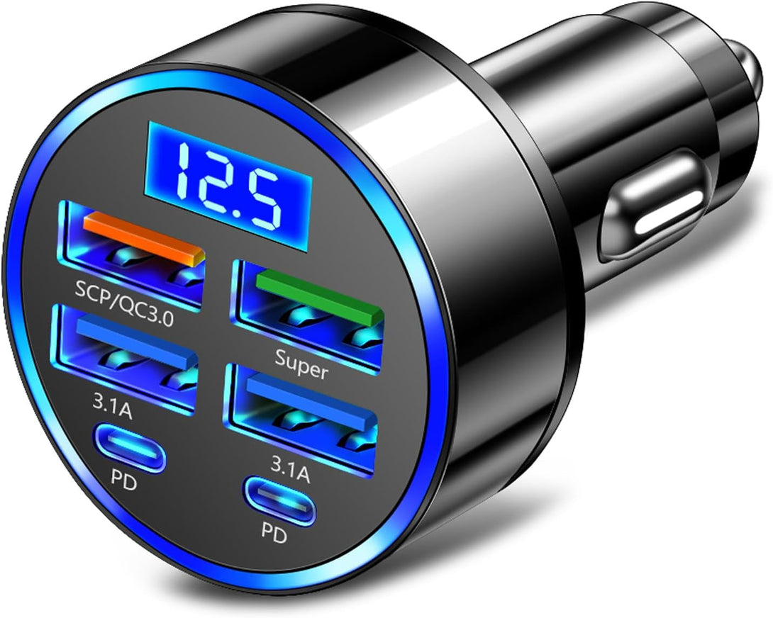 6 Ports Fast Car Charger with Voltage Monitor,Car Cigarette Lighter USB Charger (PD+QC3.0) Compatible with Iphone13/14/15 & Most Android Models,Car Must Haves USB C Car Charger (1PCS)