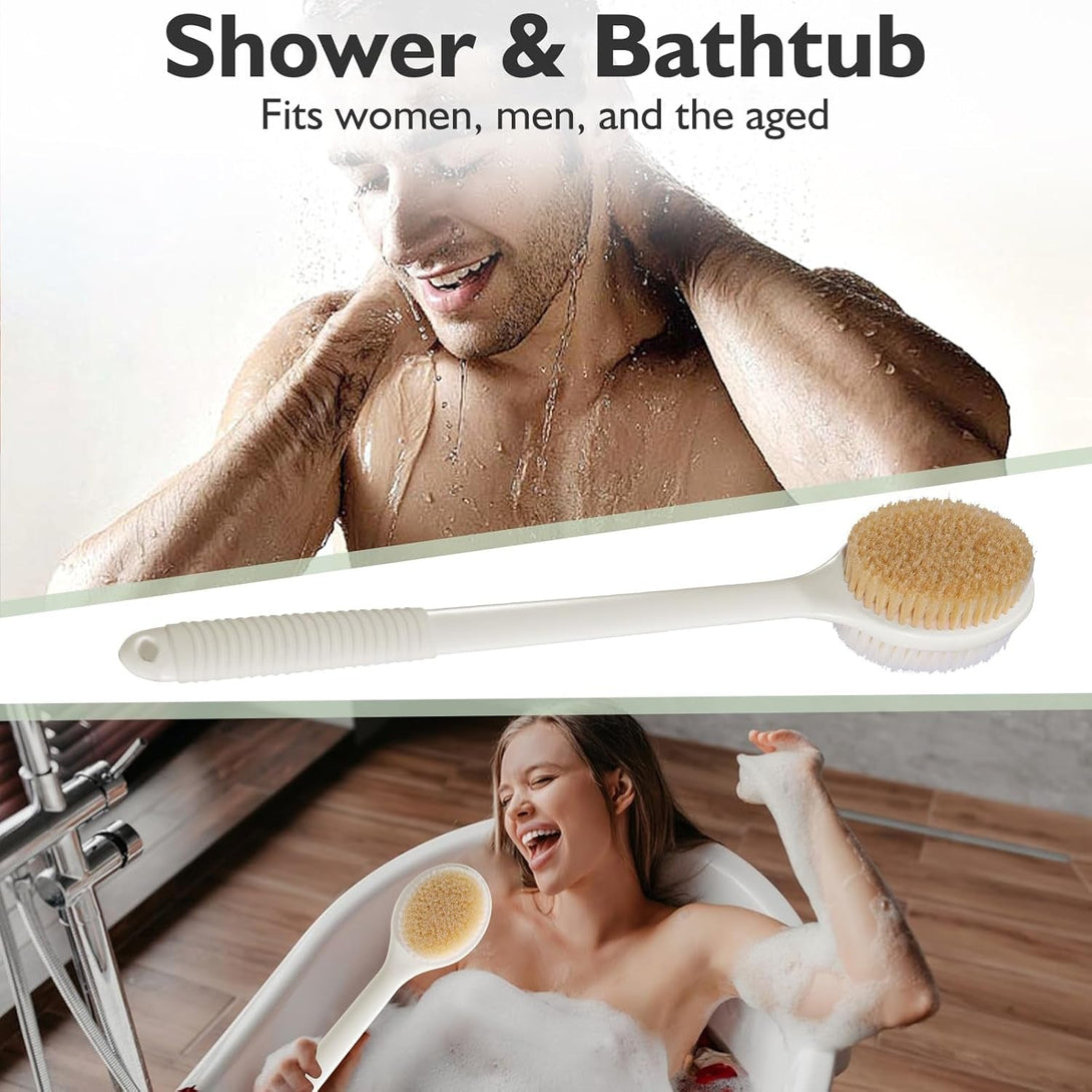 VANZAVANZU 17 Inch Back Scrubber for Shower, Anti-Slip Long Handle Shower Brush with Soft and Stiff Bristles, Exfoliating Bath Brush for Wet or Dry Brushing (Cream White)