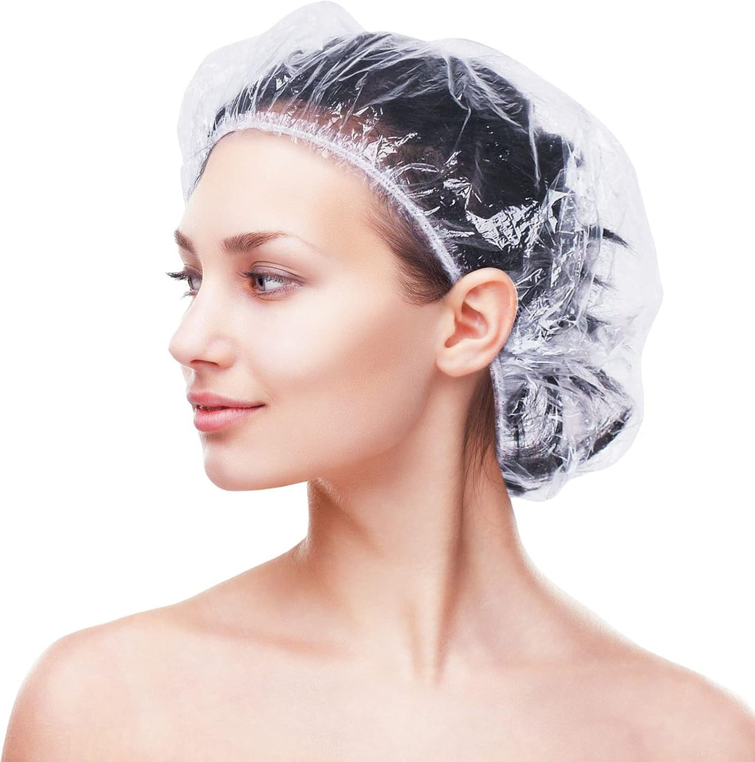 Retisee 140 Pcs Disposable Shower Caps Bulk 18.2 Plastic Clear Hair Caps Elastic Large Thick Waterproof Bath Covers for Women Hair Care Cleaning Supplies Spa Hotel Salon Home Travel Accessories