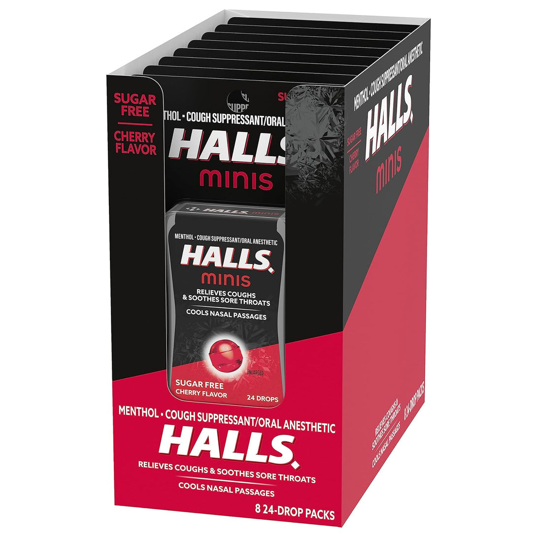 HALLS Minis Cherry Flavor Sugar Free Cough Drops, 8 Packs of 24 Drops (192 Drops Total)