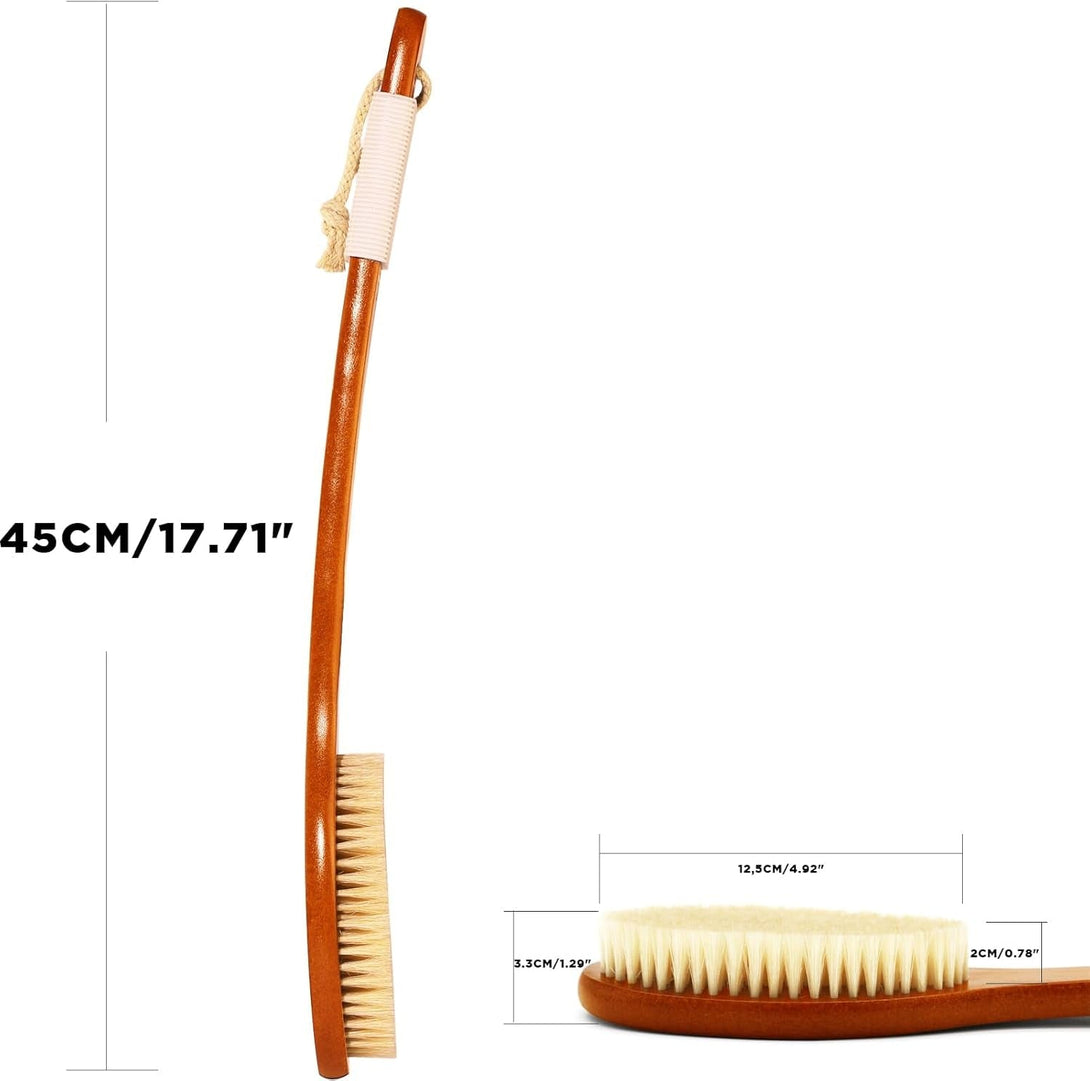Icandoit-17.71Inch Natural Boar Bristles Anti-Slip Curved Long Handle Bath Brush,Bent Handle Shower Scrubber for Exfoliating,Shower Back Brush