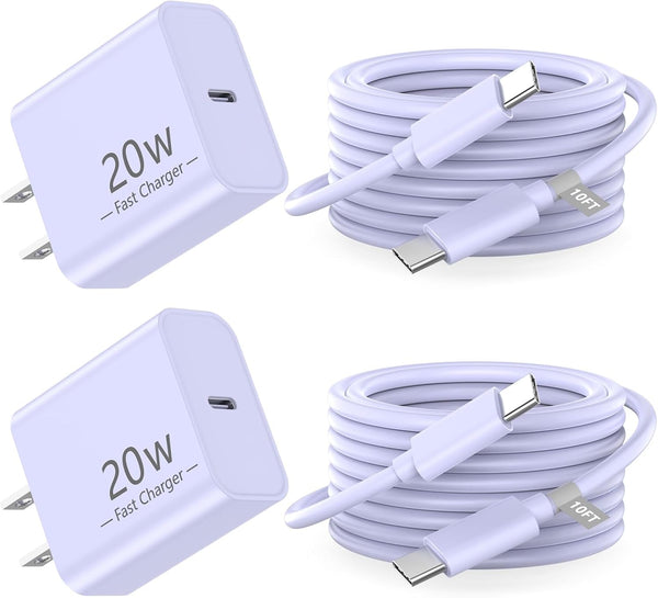 20W USB C Wall Charger Fast Charging Compatible for Iphone 16/16 Plus/16 Pro/16 Pro Max/15/15 Pro/15 Pro Max/15 Plus, 2 Pack Iphone 16 15 Charger Block with 10FT Type C Charging Cable, Purple