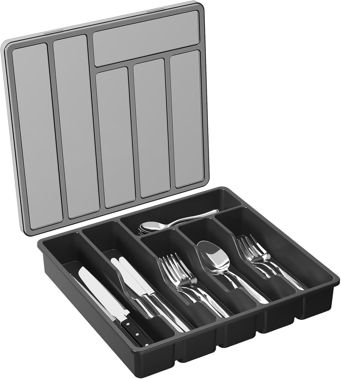 Lifewit Silverware Organizer with Lid, Covered Utensil Tray for Kitchen Drawer and Countertop, Plastic Cutlery and Flatware Storage Box for Spoons Forks Knives Holder Case, 6 Compartments, Black