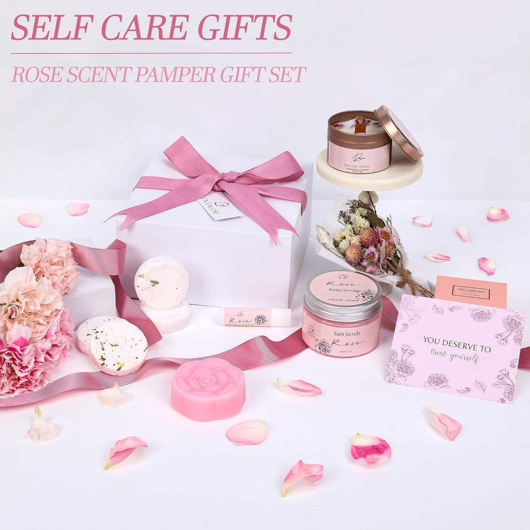 Spa Gifts for Women Bath and Body Gift Basket Mothers Day Gifts Rose Home Spa Set Self Care Gifts for Mom Sister Her Wife Birthday Gift for Women Spa Kit Care Package Thank You Gifts