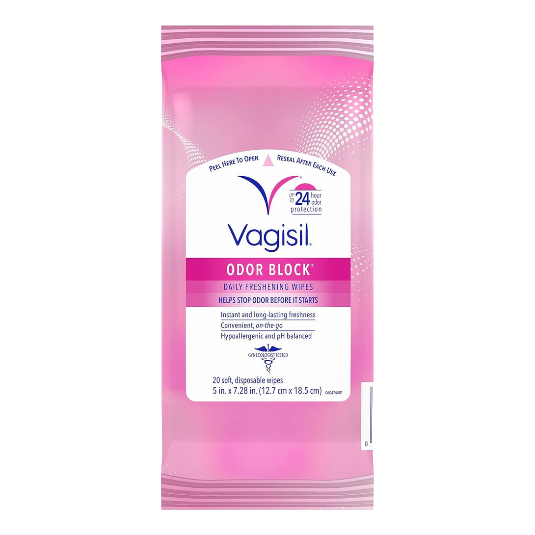 Vagisil Odor Block Daily Freshening Wipes for Feminine Hygiene in Resealable Pouch, Gynecologist Tested & Hypoallergenic, 20 Wipes (Pack of 1)