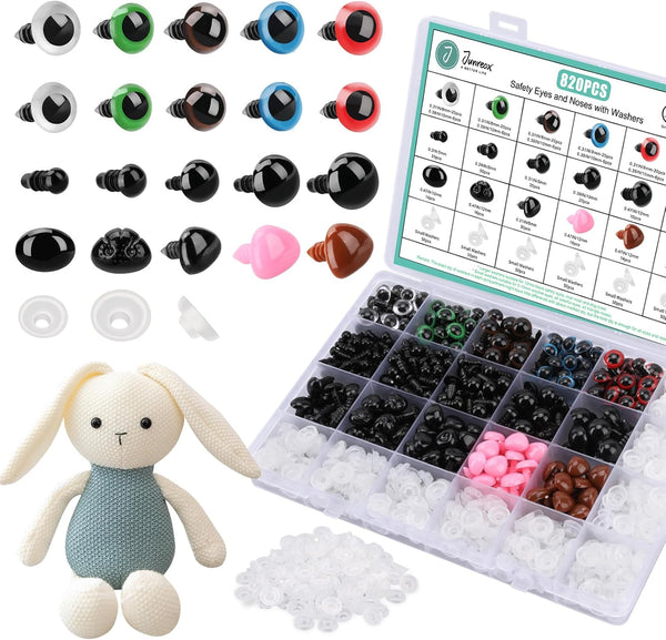 Junreox 820Pcs Safety Eyes for Amigurumi- Premium Safety Eyes and Noses for Crochet Animals, Assorted Size Crochet Eyes with Washers for Dolls Plushies Toys, Safety Eyes for Stuffed Animals Teddy Bear