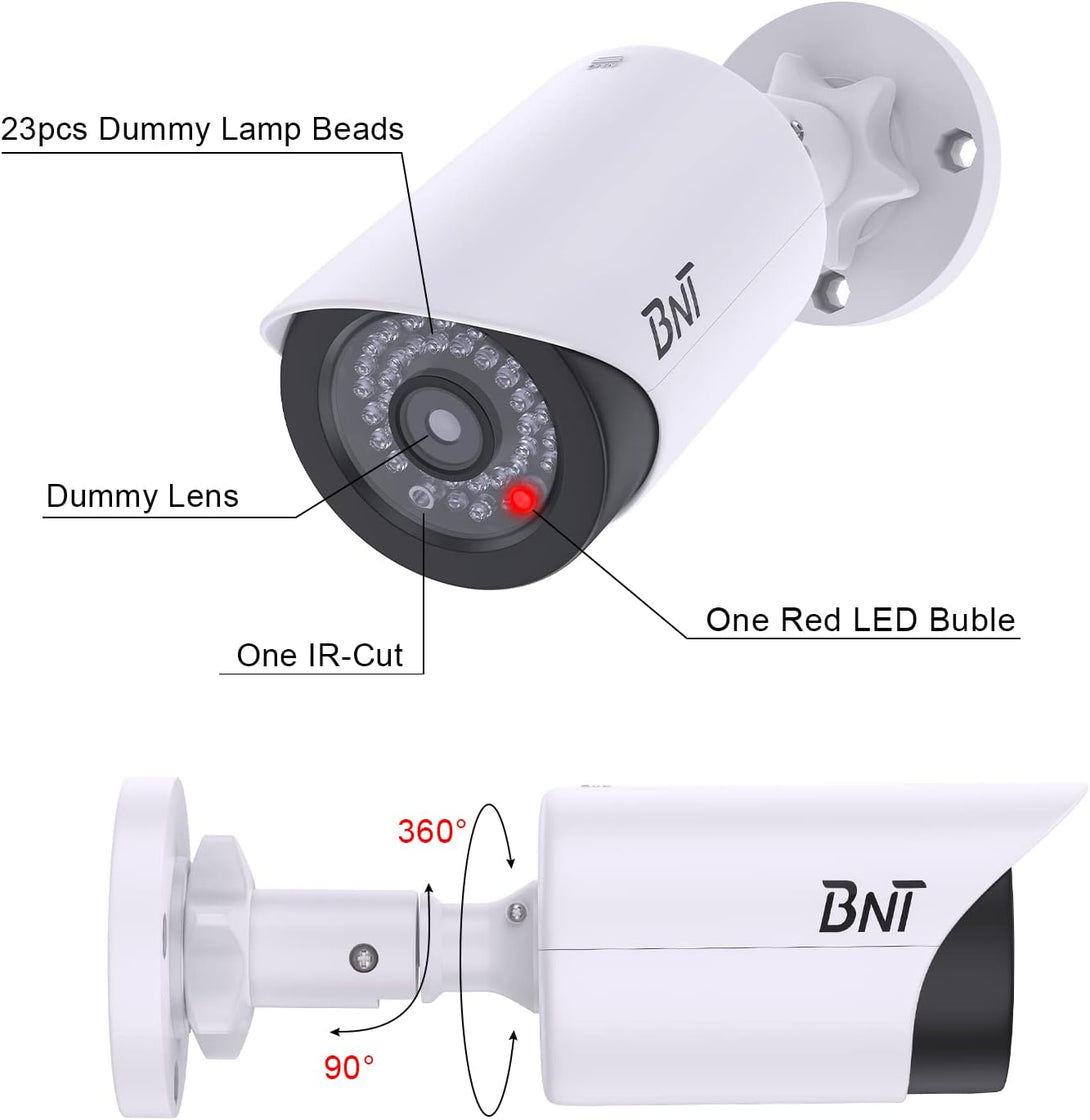 BNT Dummy Fake Security Camera, with One Red LED Light at Night, for Home and Businesses Security Indoor/Outdoor (2 Pack, White)