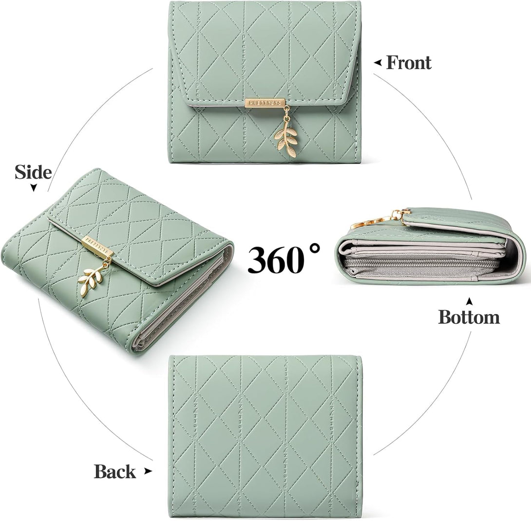 Bifold Wallet Women Leather RFID Blocking Card Holder Compact Wallet Zipper Coin Pocket with ID Window
