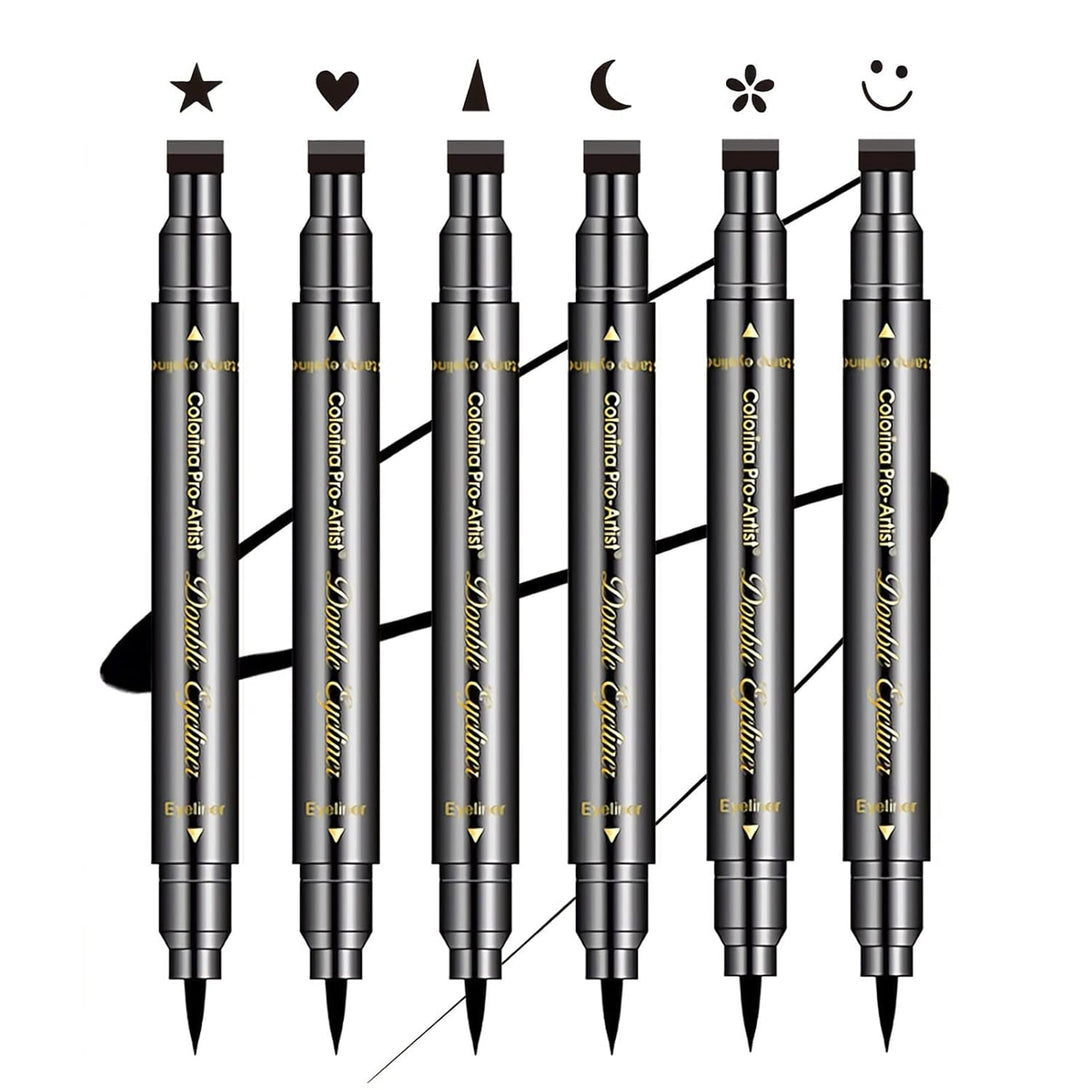 6 Pcs Double-Headed Eyeliner Stamps Set Black Liquid Eye Liner Pen with Star,Moon,Heart,Flower,Smiley,Triangle Stamp Stencils Shapes for Women Makeup Kit Long-Lasting Waterproof Smudgeproof