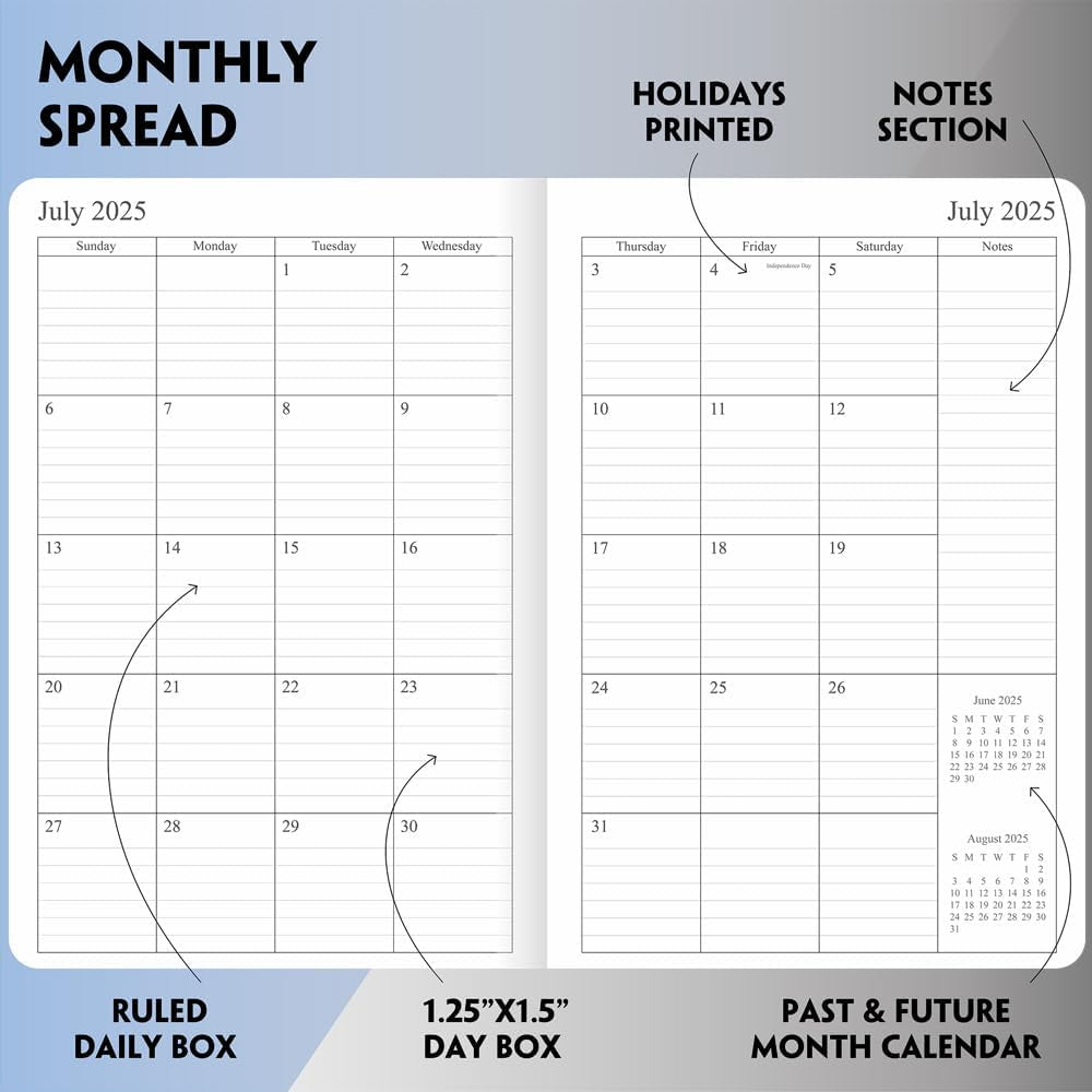 2025-2026 Planner - Weekly and Monthly Planner, July 2025 - June 2026, Holidays, Contacts and Notes Pages, Vegan Leather Cover, Elastic Closure, 5.5”X8.25”, Grey
