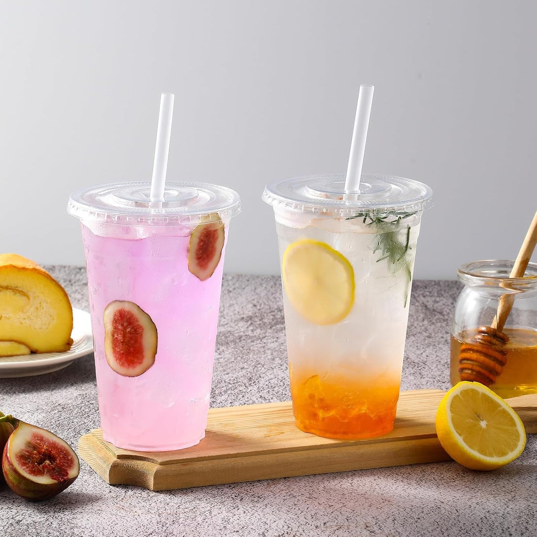AOZITA [100 Sets] 12 Oz Clear Plastic Cups with Lids and Straws, Disposable Cups with Lids for Iced Coffee, Smoothie, Milkshake and Cold Drinks