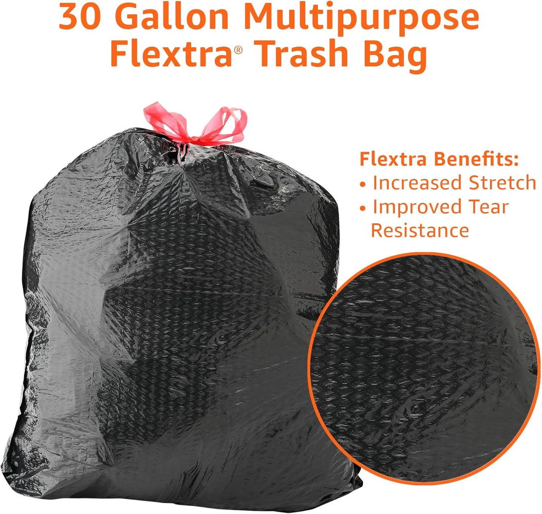 Amazon Basics Flextra Multipurpose Drawstring Trash Bags, 30 Gallon, 50 Count