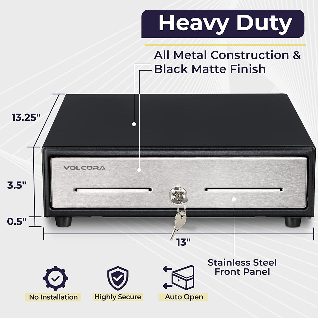 Volcora 13" Cash Register Drawer for Point of Sale (POS) System, 4 Bill 5 Coin Cash Tray, Black and Stainless Steel Front Cash Drawers, Removable Coin Compartment, 24V, RJ11/RJ12 Key-Lock, Media Slot