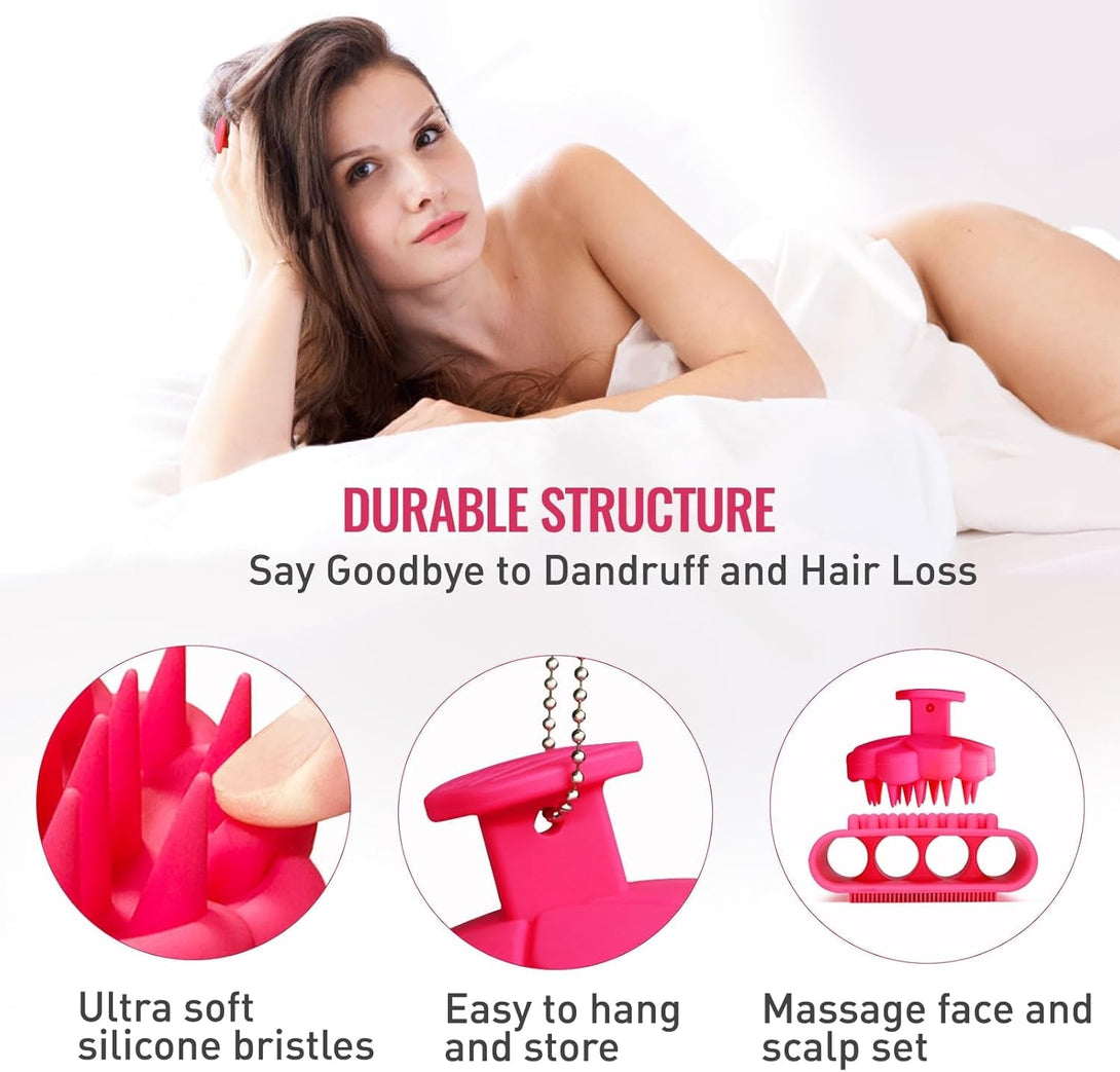 Silicone Body Scrubber Set, Bath Shower Body Brush and Shampoo Brush Scalp Massager Exfoliator with Intensive Bristles and Comfort Handle, Cleanse Skin & Hair,Easy to Clean and Long-Lasting.Red