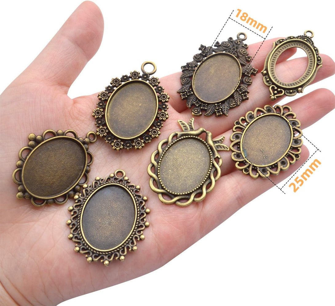 18 Pieces Bezel Pendant Trays, 25 X 18Mm Oval Pendant Trays Bezels Cabochon Settings Trays Pendant Blanks for Crafting DIY Jewelry Making - 9 Styles, Antique Bronze