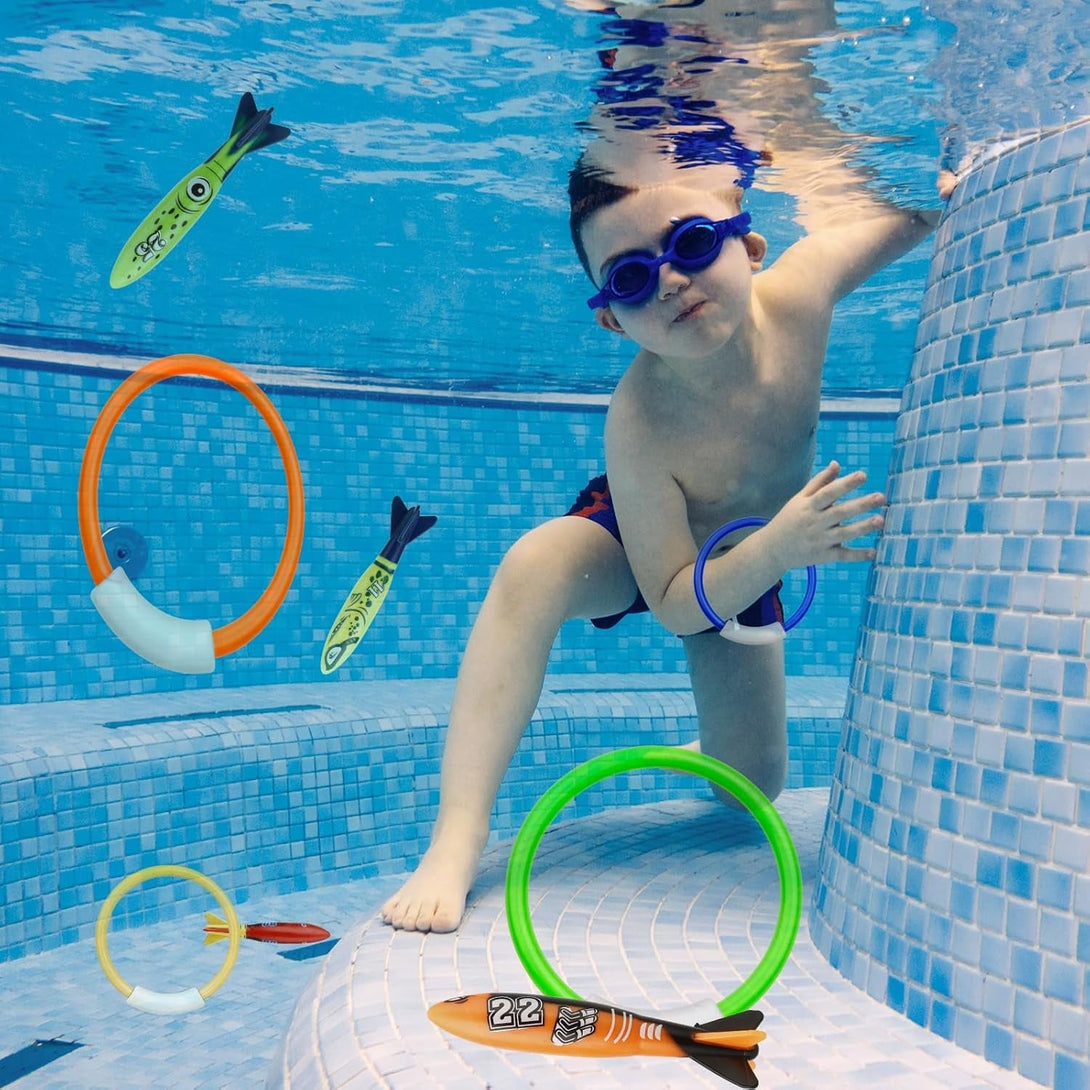 8 Packs Pool Toys, Pool Toys for Kids Ages 4-6-8-10-12, Shark Underwater Training Pool Diving Rings Swimming Pool Toys with Dive Rings Torpedo for Kids Gifts Toddler Summer Swim Water Fun Pool Games