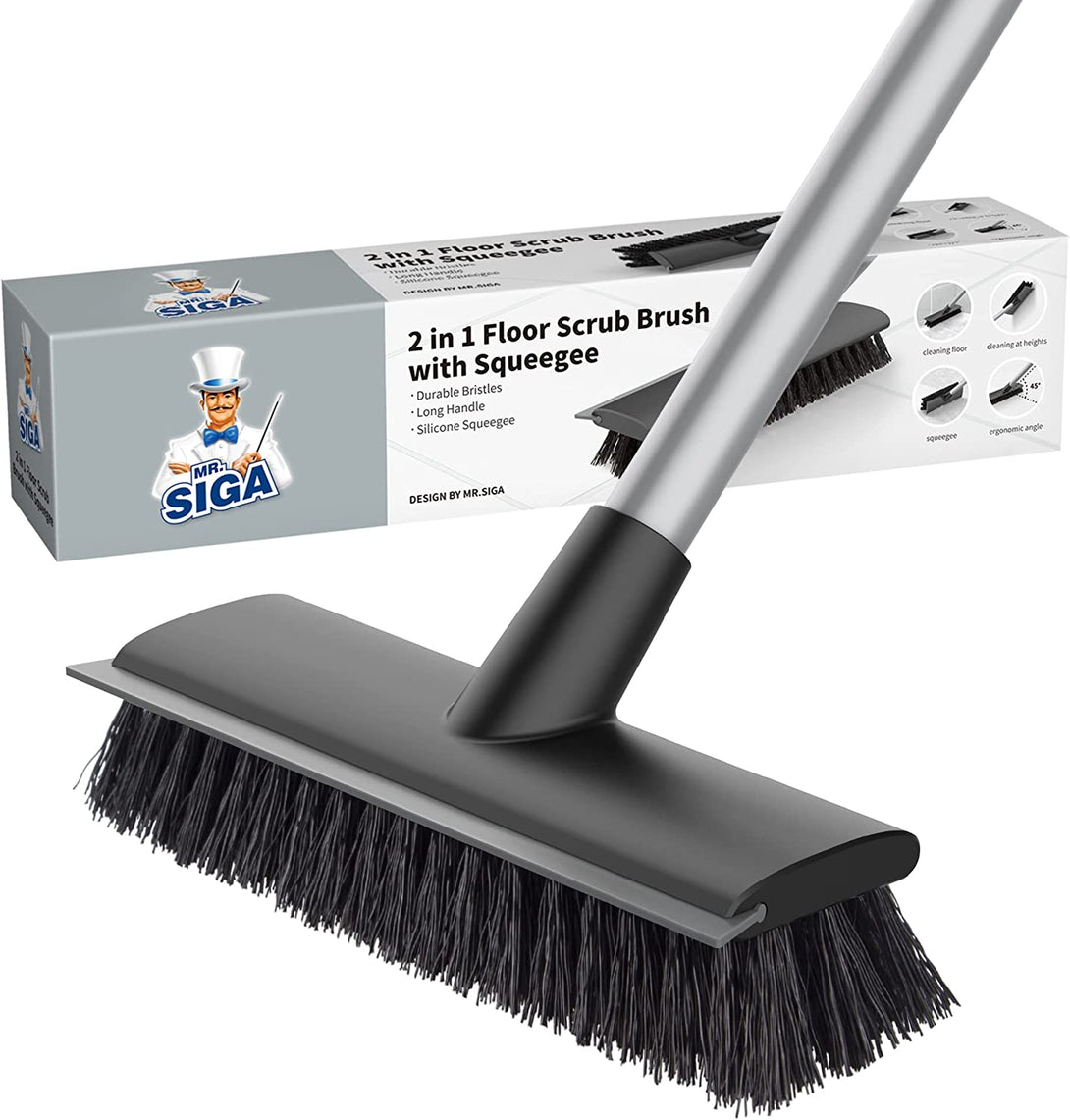 MR.SIGA Floor Scrub Brush with Long Handle, 2 in 1 Scrubber and Squeegee for Cleaning Bathroom, Patio, Garage, Wall, Tile with Stiff Bristles