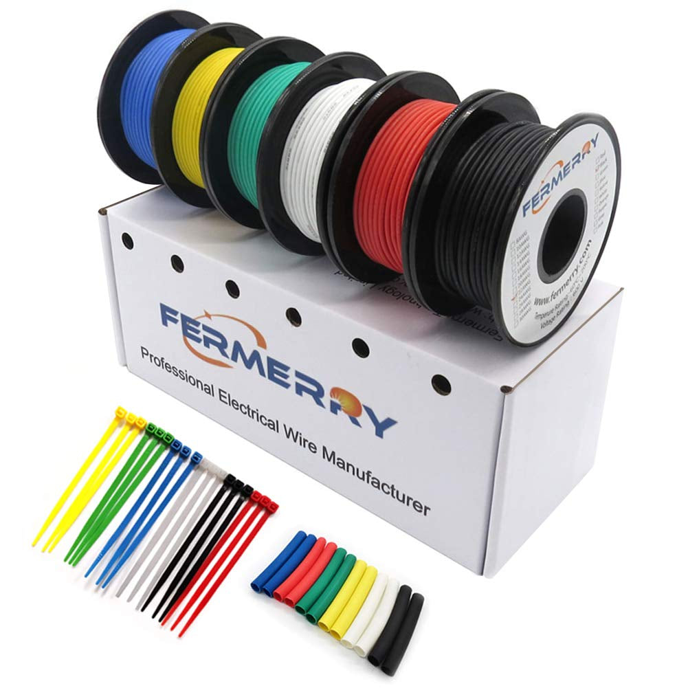 Fermerry 24 AWG Stranded Wire Spool 5Ft Each 6 Colors Flexible 24 Gauge Silicone Hook up Wire Kit Electrical Tinned Copper Wire