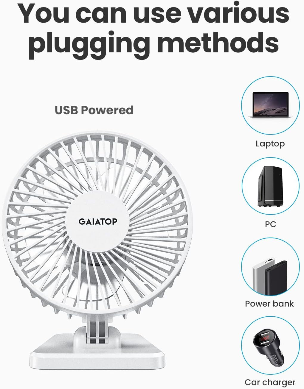 Gaiatop USB Desk Fan, Small but Powerful, Personal Portable Quiet 3 Speeds, Adjustable Mini Table Desktop Fan for Cooling Home Office Car Summer Travel Gifts White