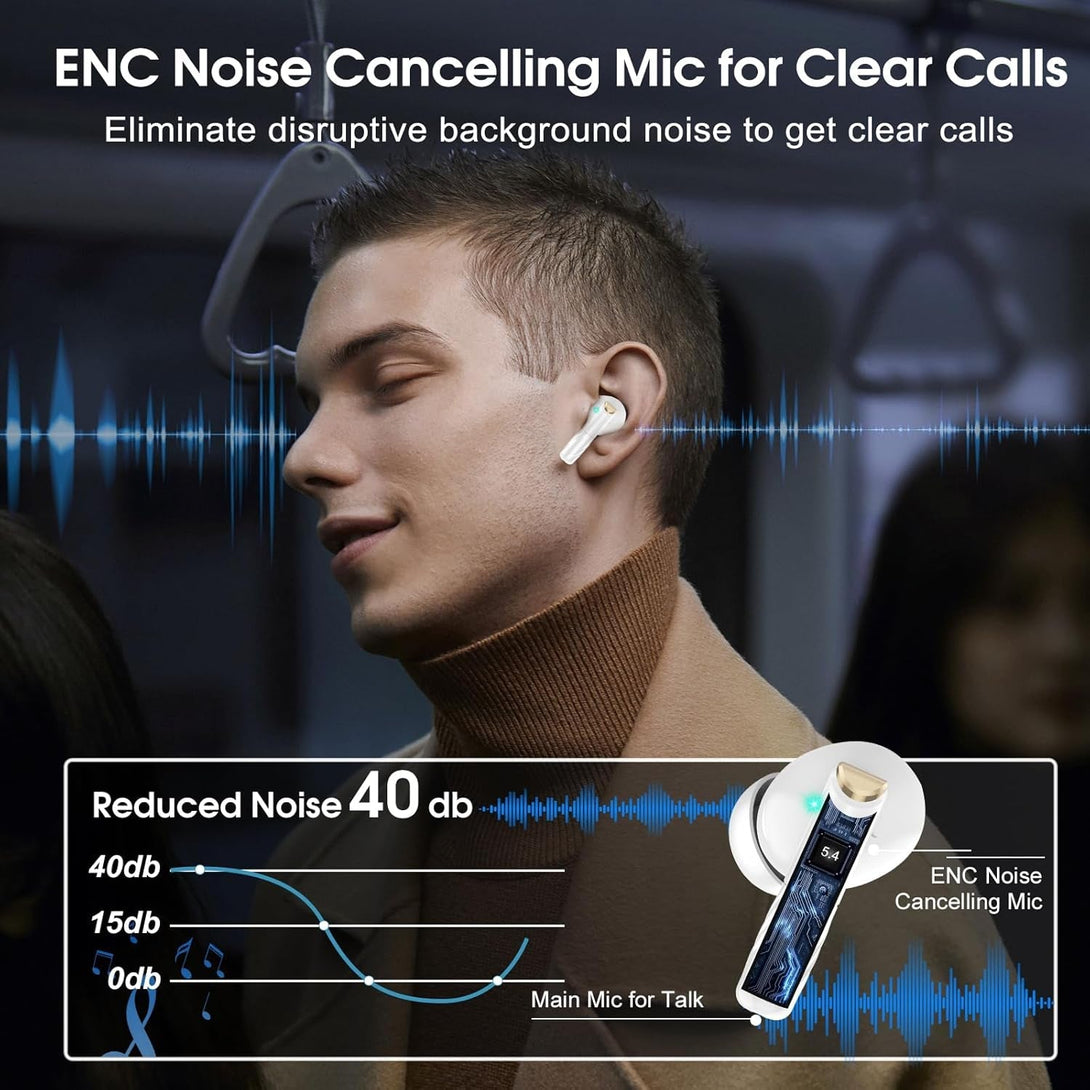 Wireless Earbuds Bluetooth 5.4 in Ear Light-Weight Headphones Built-In MIC, 48H Playback Hifi Stereo Bass Earphones, IPX7 Waterproof Ear Buds with Digital Display Charging Case, Touch Control, White