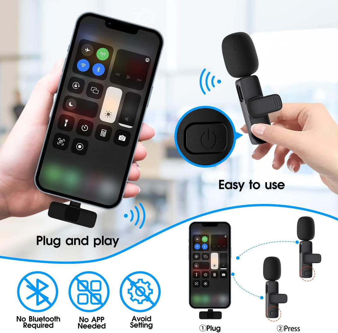 2 Pack Wireless Lavalier Microphone for Iphone Ipad, Lapel Mics Plug-Play 2.4G Ultra-Low Delay Built-In Noise Reduction Chip 8H Working Time for Video Recording Interview Podcast Vlog Youtube