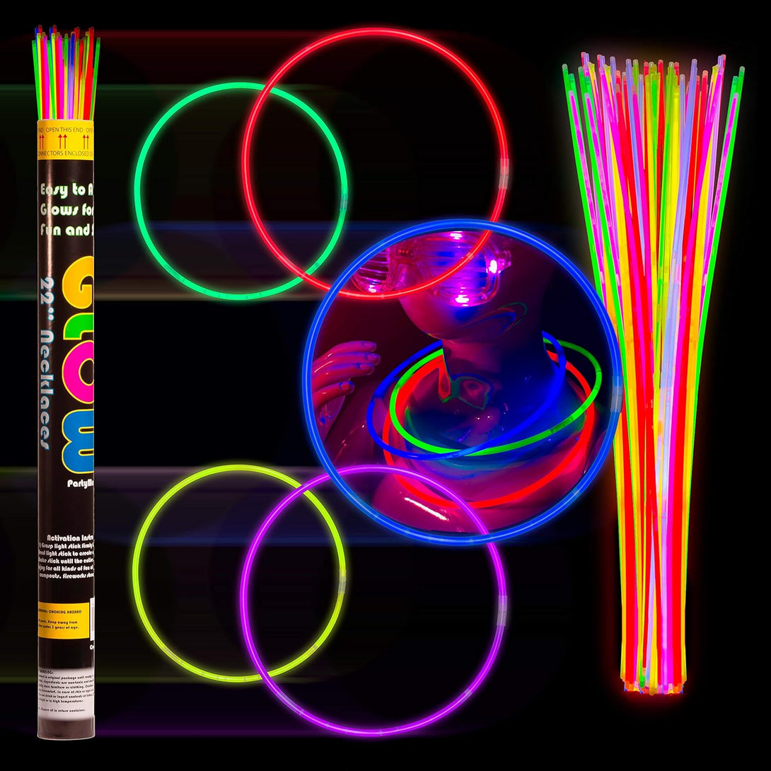 Crown Display Glow Sticks Party Package Includes 100 X 22 Glow in the Dark Necklaces & 100 X 8 Light up Bracelets Comes in a Variety of Colors & Added Bonus Connectors