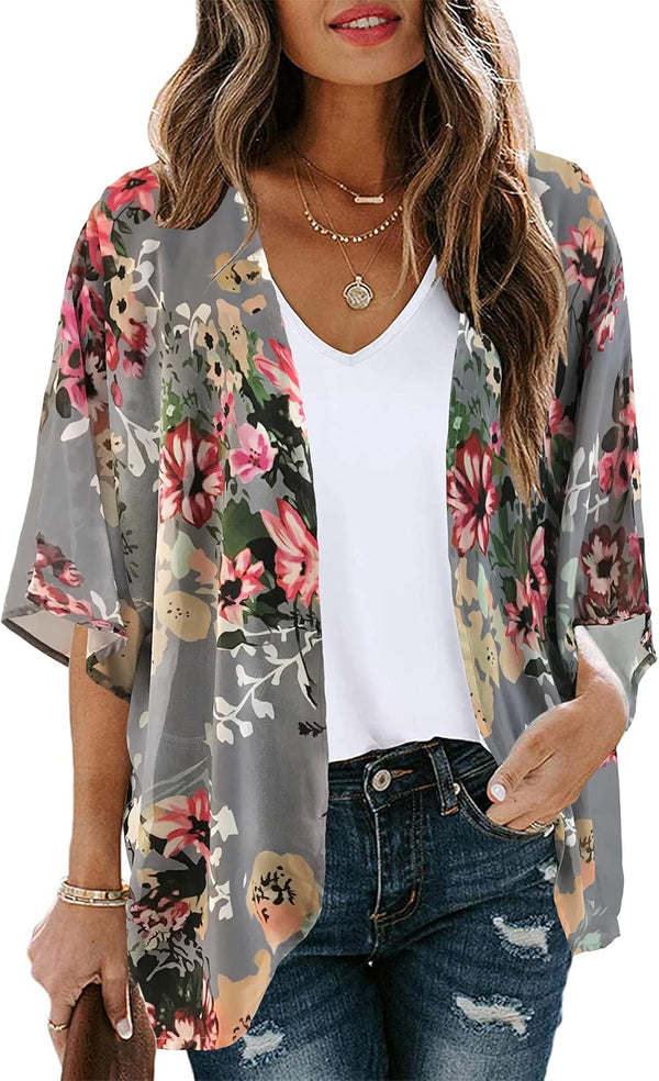 Women'S Floral Print Puff Sleeve Kimono Cardigan Loose Cover up Casual Blouse Tops