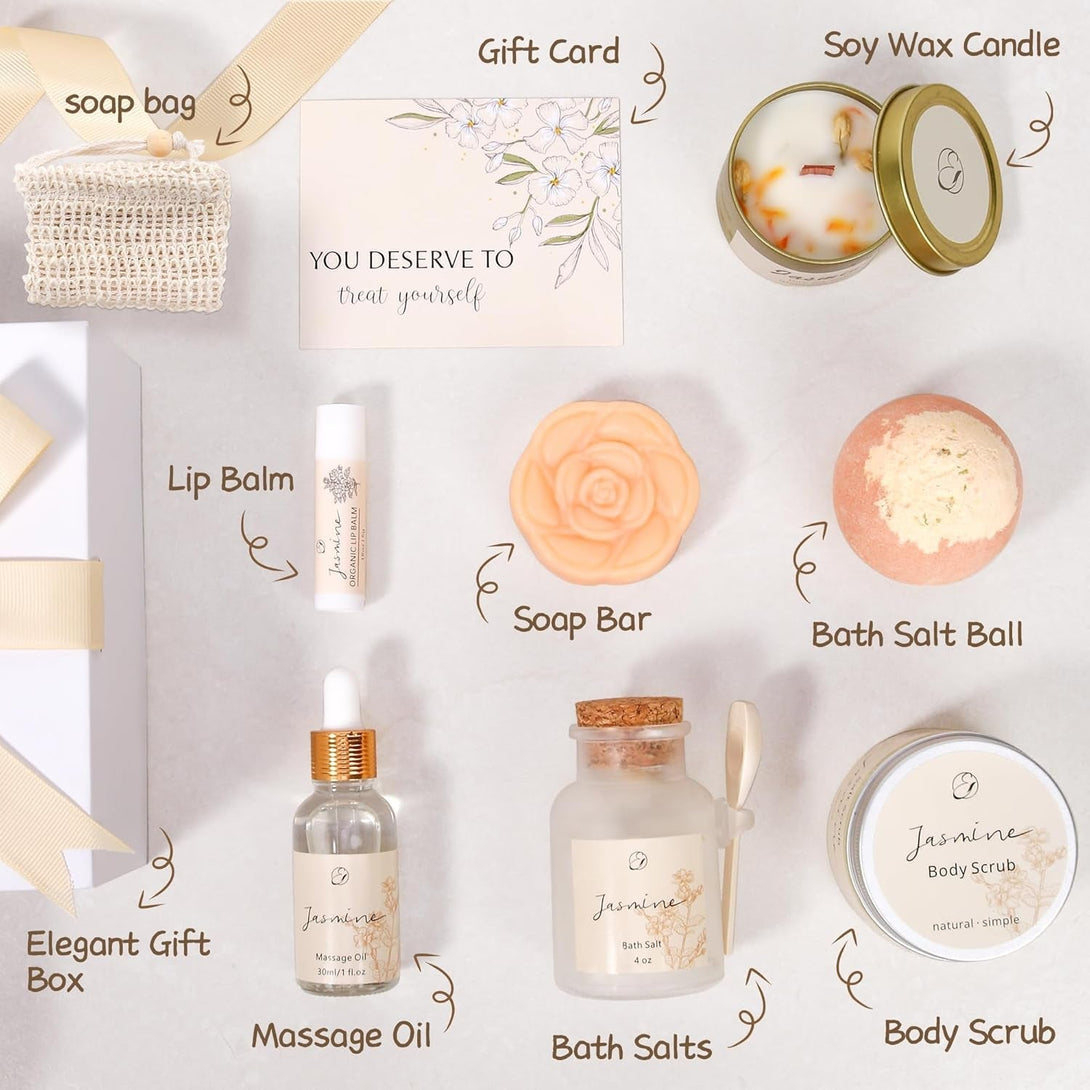 Spa Gifts for Women Mothers Day Gifts Jasmine Bath Gift Baskets Relaxing Self Care Gift for Mom Girlfriend Sister Wife Auntie Home Bath Care Package Thank You Gift Birthday Gift Friendship