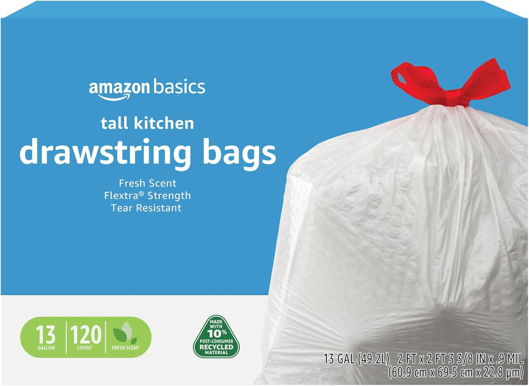 Amazon Basics 13 Gallon Flextra Strength Tall Kitchen Drawstring Trash Bags, Clean Fresh Scnet, Tear Resistant, 10% Post Consumer Recycled, 90 Count