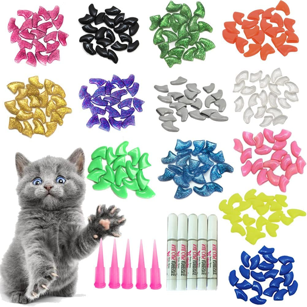 100Pcs Cat Nail Caps/Tips Pet Cat Kitten Paws Covers Control Paws of 10 Nails Caps and 5Pcs Adhesive Glue 5 Applicator with Instruction