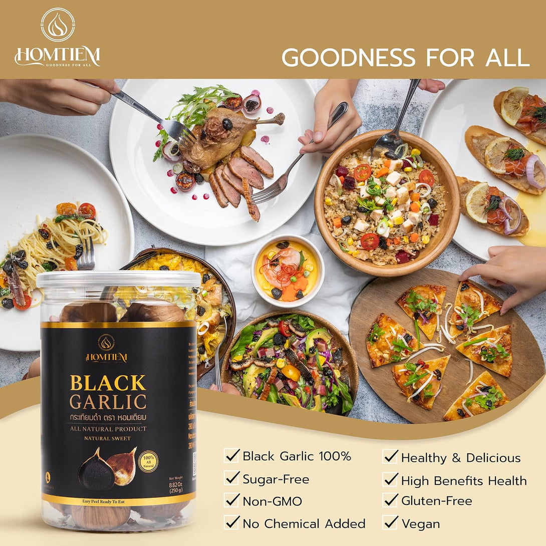 Homtiem Black Garlic 8.82 Oz (250G.), Whole Black Garlic Fermented for 90 Days, Super Foods, Non-Gmos, Non-Additives, High in Antioxidants, Ready to Eat for Snack Healthy, Healthy Recipes